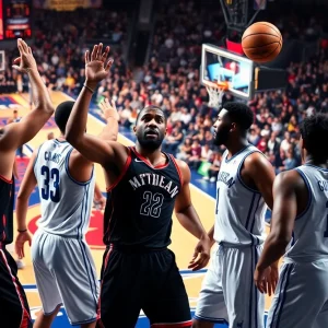 Basketball players in action during a game showcasing intensity and teamwork.