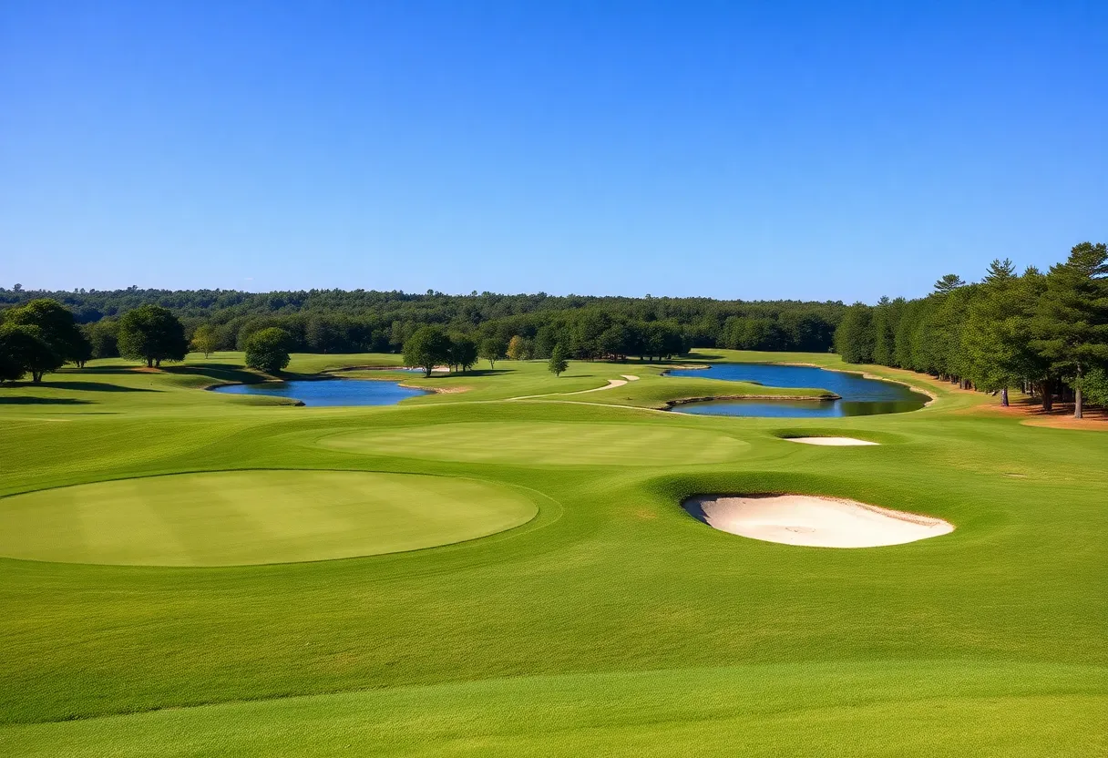 Scenic view of a golf course in North Carolina with green fairways and blue sky