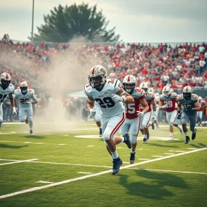 A college football game featuring a team with blue uniforms, emphasizing the excitement of the sport.