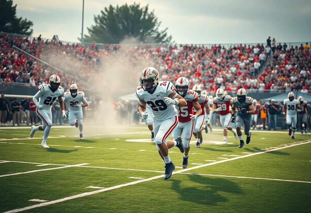 A college football game featuring a team with blue uniforms, emphasizing the excitement of the sport.