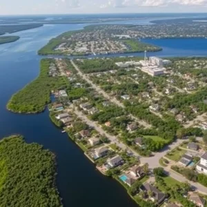 Aerial view of Northeast Florida showcasing various real estate properties including residential and commercial.