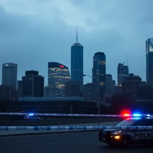 Police lights in New York City skyline after a shooting incident