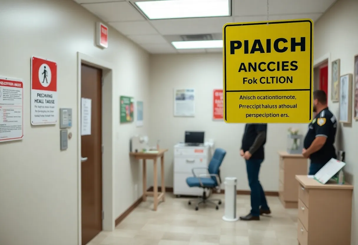 Illustration of warning signs about opioid prescription abuse in a medical office