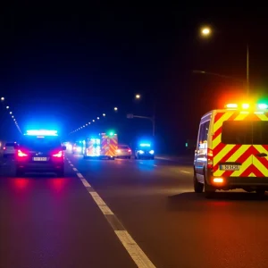 Scene of a traffic collision at night with emergency responders.