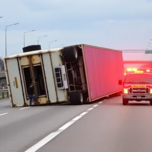 Overturned tractor-trailer on I-76 near Walt Whitman Bridge