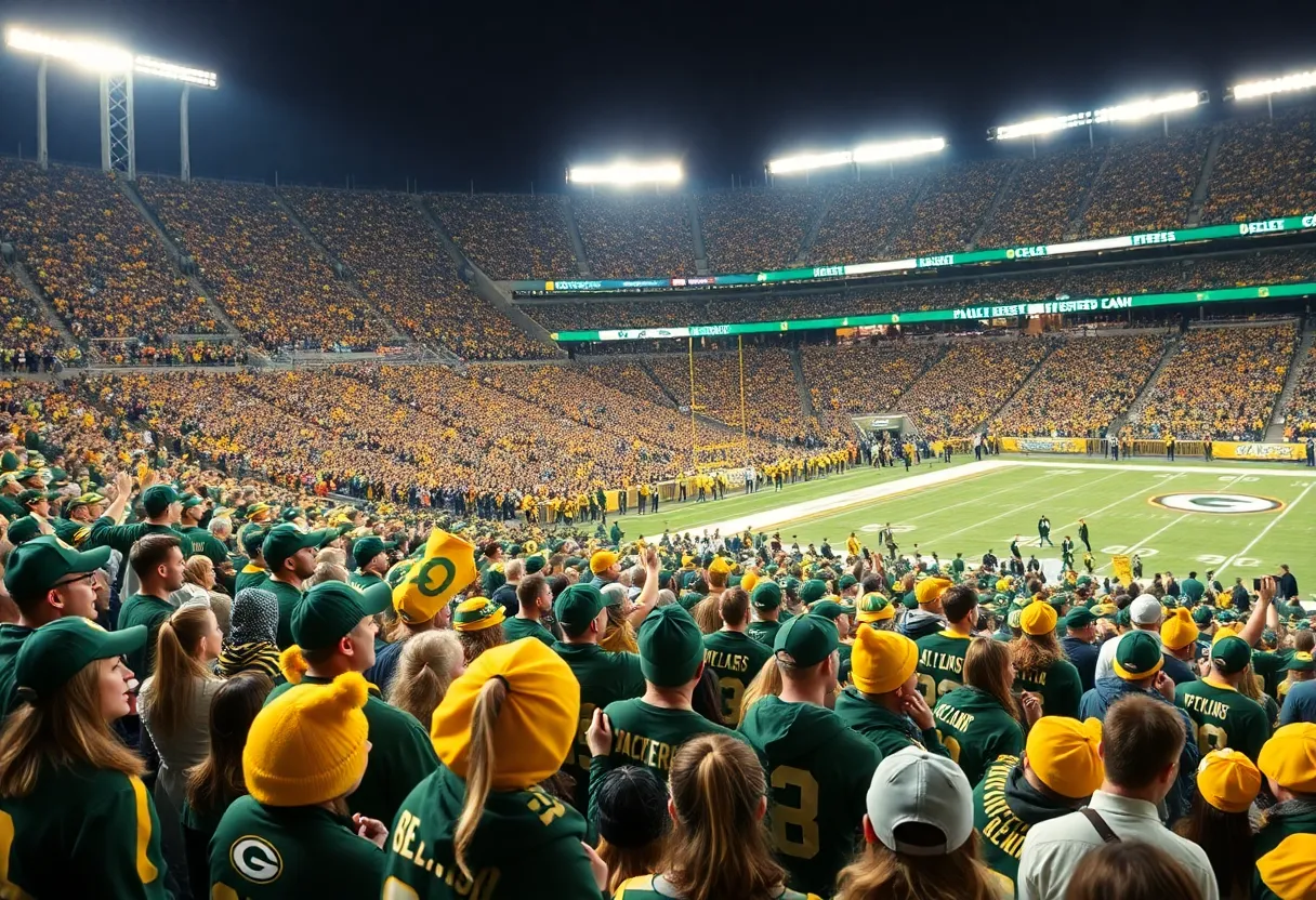Fans cheering at a Green Bay Packers game