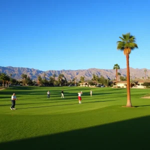 Scenic view of a golf course in Greater Palm Springs with golfers in action.