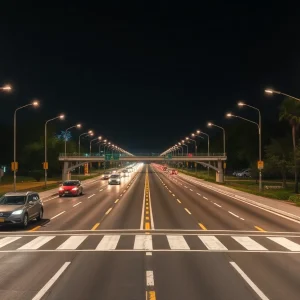 Highway at night highlighting pedestrian safety issues.