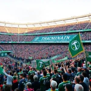 Fans celebrating the Portland Timbers' MLS Cup anniversary at the stadium