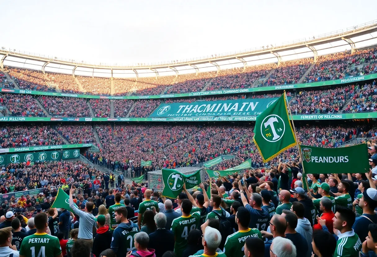 Fans celebrating the Portland Timbers' MLS Cup anniversary at the stadium