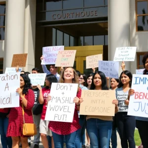 People protesting against immigration profiling outside a courthouse