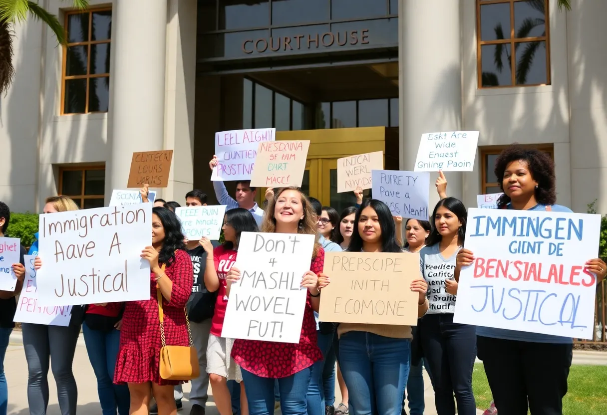 People protesting against immigration profiling outside a courthouse