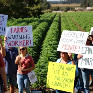 Protesters advocating for workers' rights at a cannabis farm