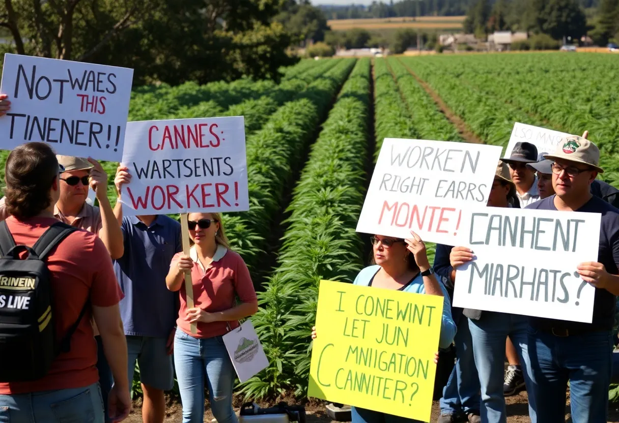 Protesters advocating for workers' rights at a cannabis farm