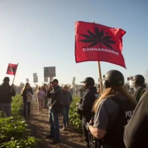 Protesters rally against immigration raids at cannabis farms.