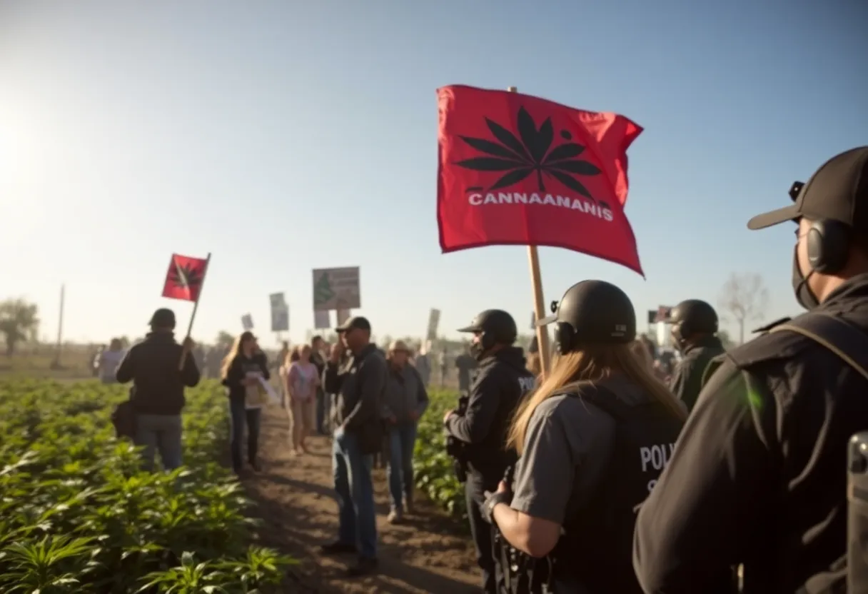 Protesters rally against immigration raids at cannabis farms.