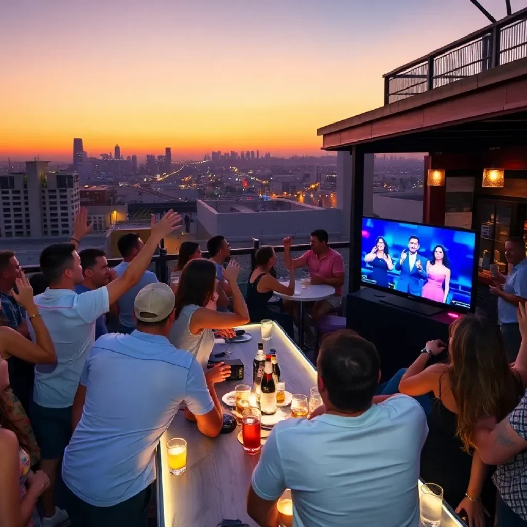 Group of friends enjoying a reality TV watch party at a bar in Los Angeles