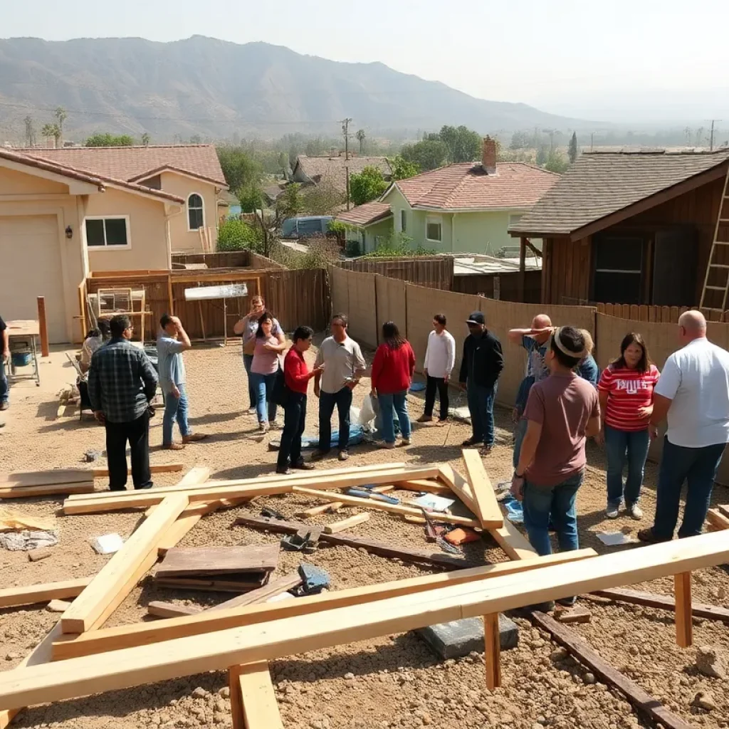 Community members collaborating to rebuild homes after wildfires in Los Angeles.