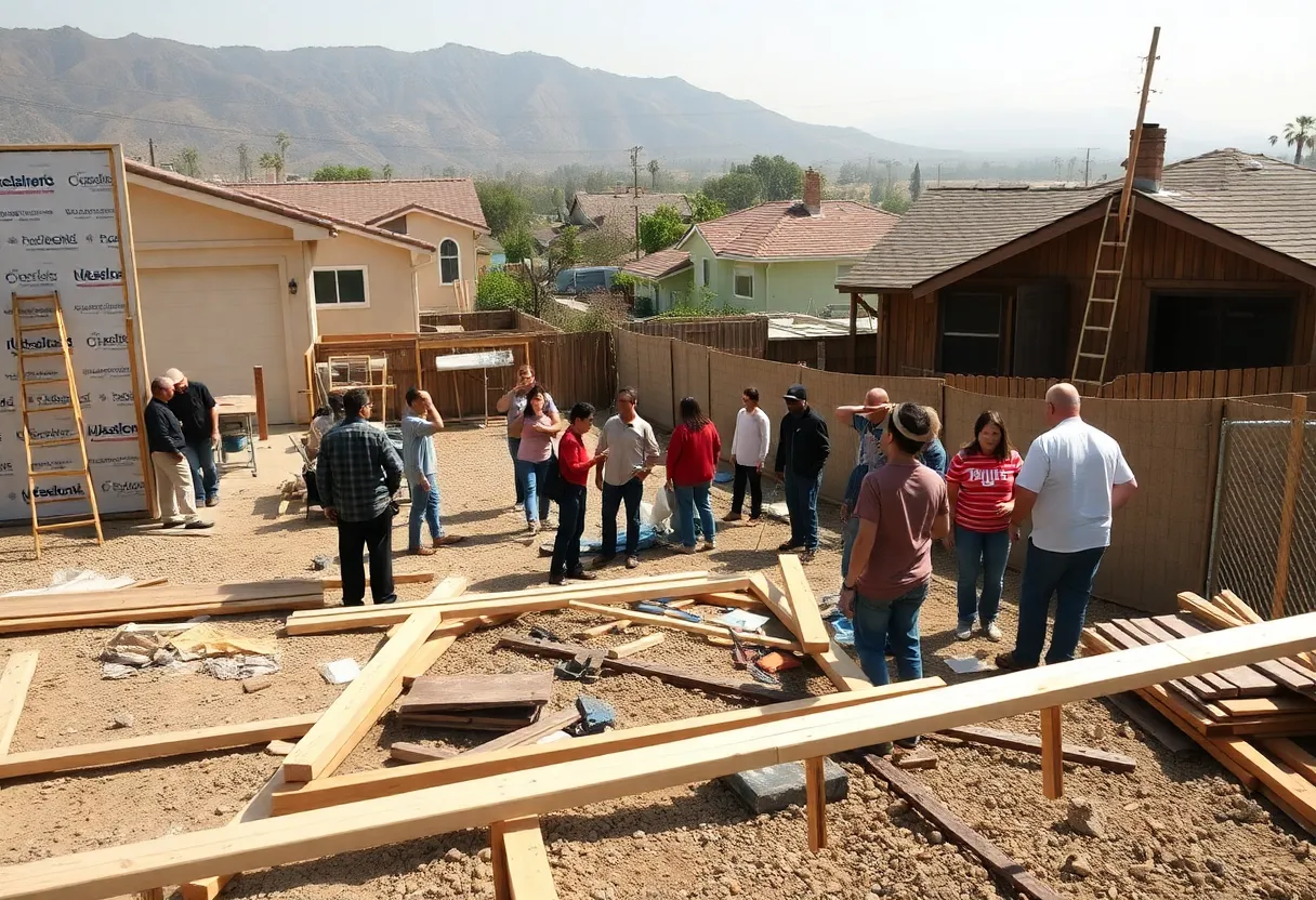Community members collaborating to rebuild homes after wildfires in Los Angeles.