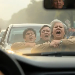 Illustration of a road rage incident emphasizing political tensions