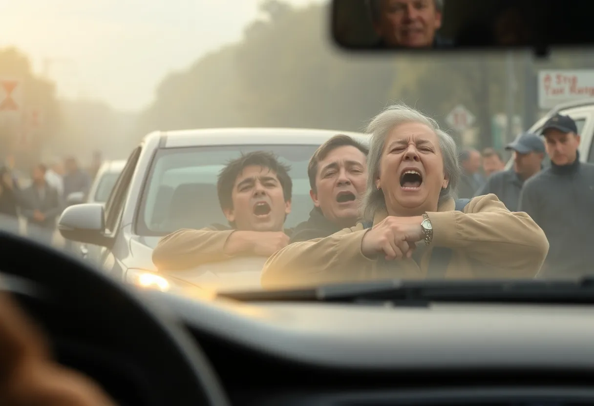 Illustration of a road rage incident emphasizing political tensions