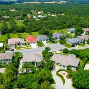 A suburban neighborhood with For Sale signs amidst diverse homes