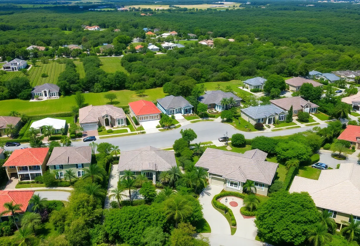 A suburban neighborhood with For Sale signs amidst diverse homes