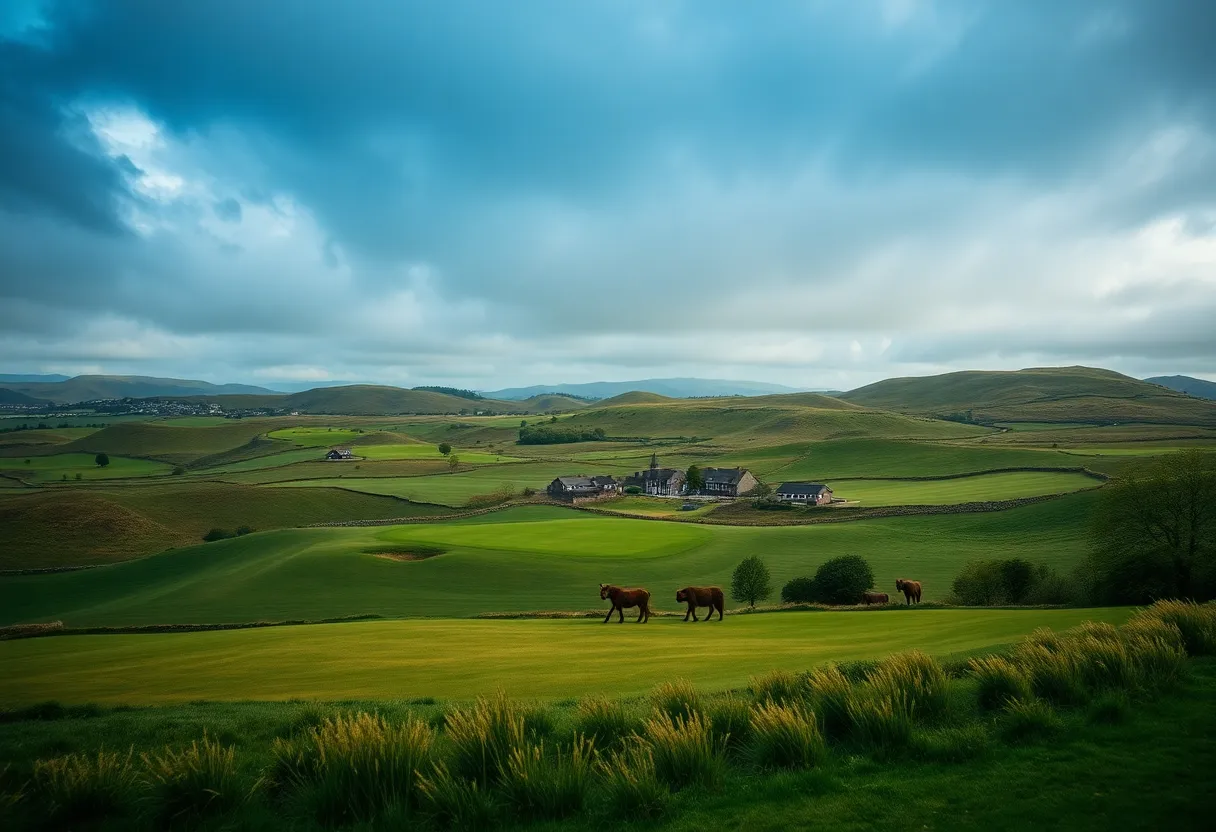A scenic golf resort in Scotland, hinting at an upcoming protest.