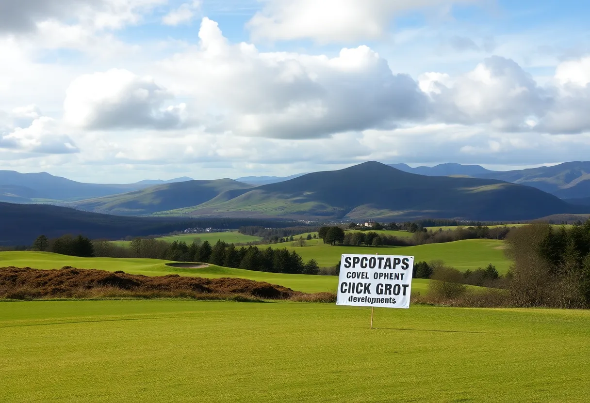View of a golf course in Scotland with protest signs nearby