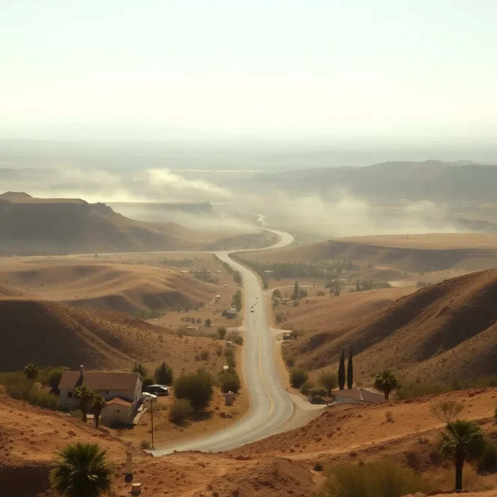 A sunny Southern California landscape depicting extreme heat conditions.
