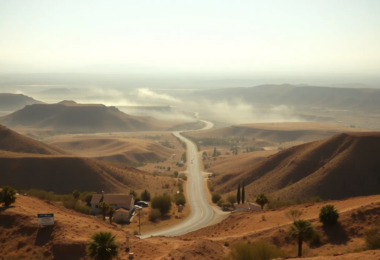 A sunny Southern California landscape depicting extreme heat conditions.