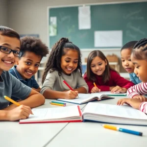 Diverse students engaged in learning in a shared classroom environment.