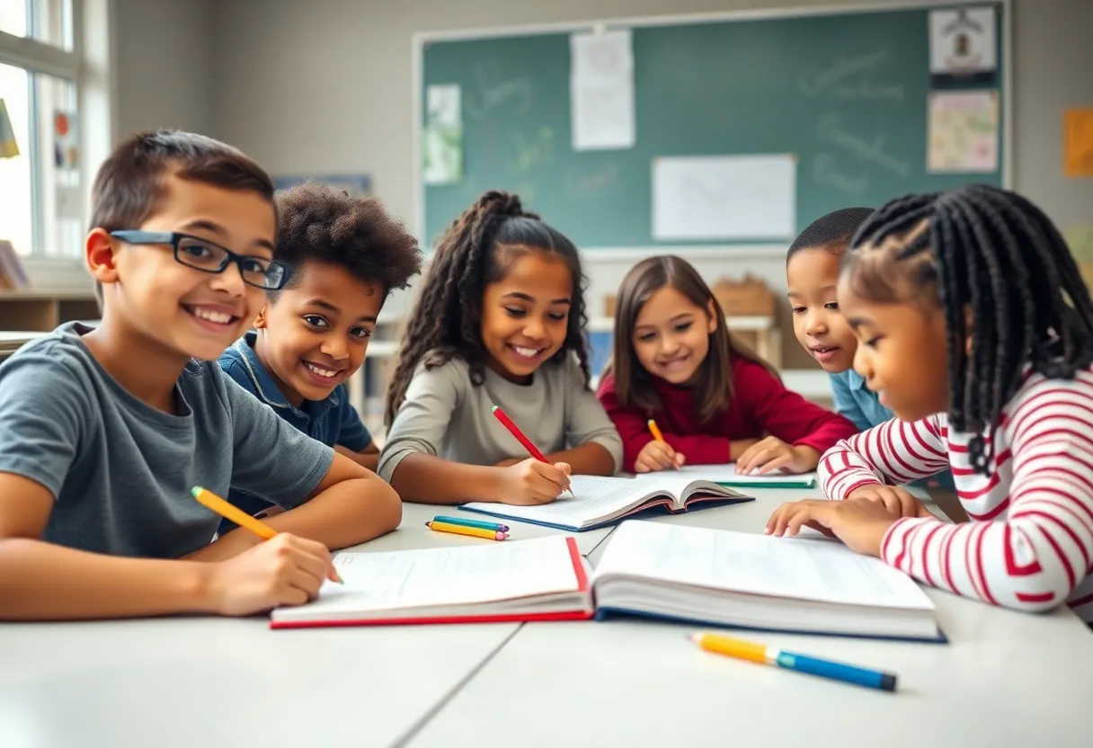 Diverse students engaged in learning in a shared classroom environment.