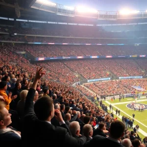 Fans cheering in a football stadium during the Super Bowl
