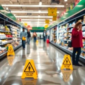 Supermarket aisle with wet floor signs and shoppers.