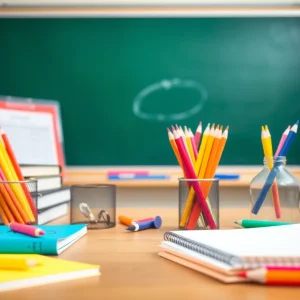 Colorful classroom supplies such as notebooks and pencils