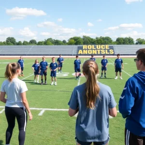 High school student athletes practicing together on a field.
