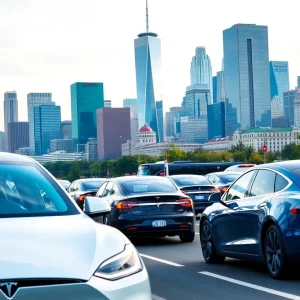 Tesla vehicles parked in a busy city street representing ridesharing services