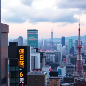 Cityscape of Tokyo showing stock market elements and uncertainty.
