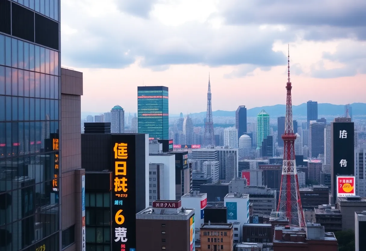 Cityscape of Tokyo showing stock market elements and uncertainty.