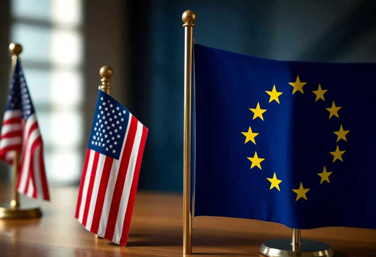 Symbolic representation of US-EU trade negotiations with urgency.