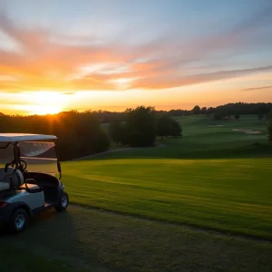 A peaceful golf course scene with a parked golf cart
