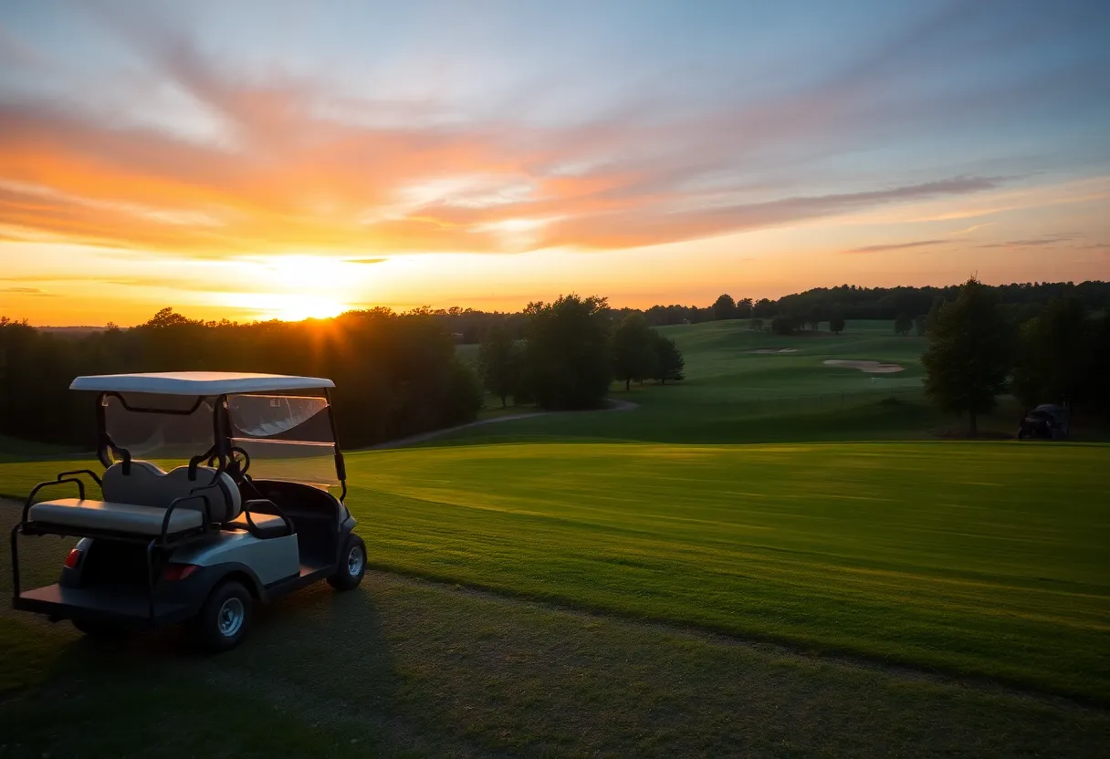A peaceful golf course scene with a parked golf cart