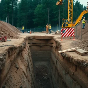 Emergency responders at a trench collapse construction site
