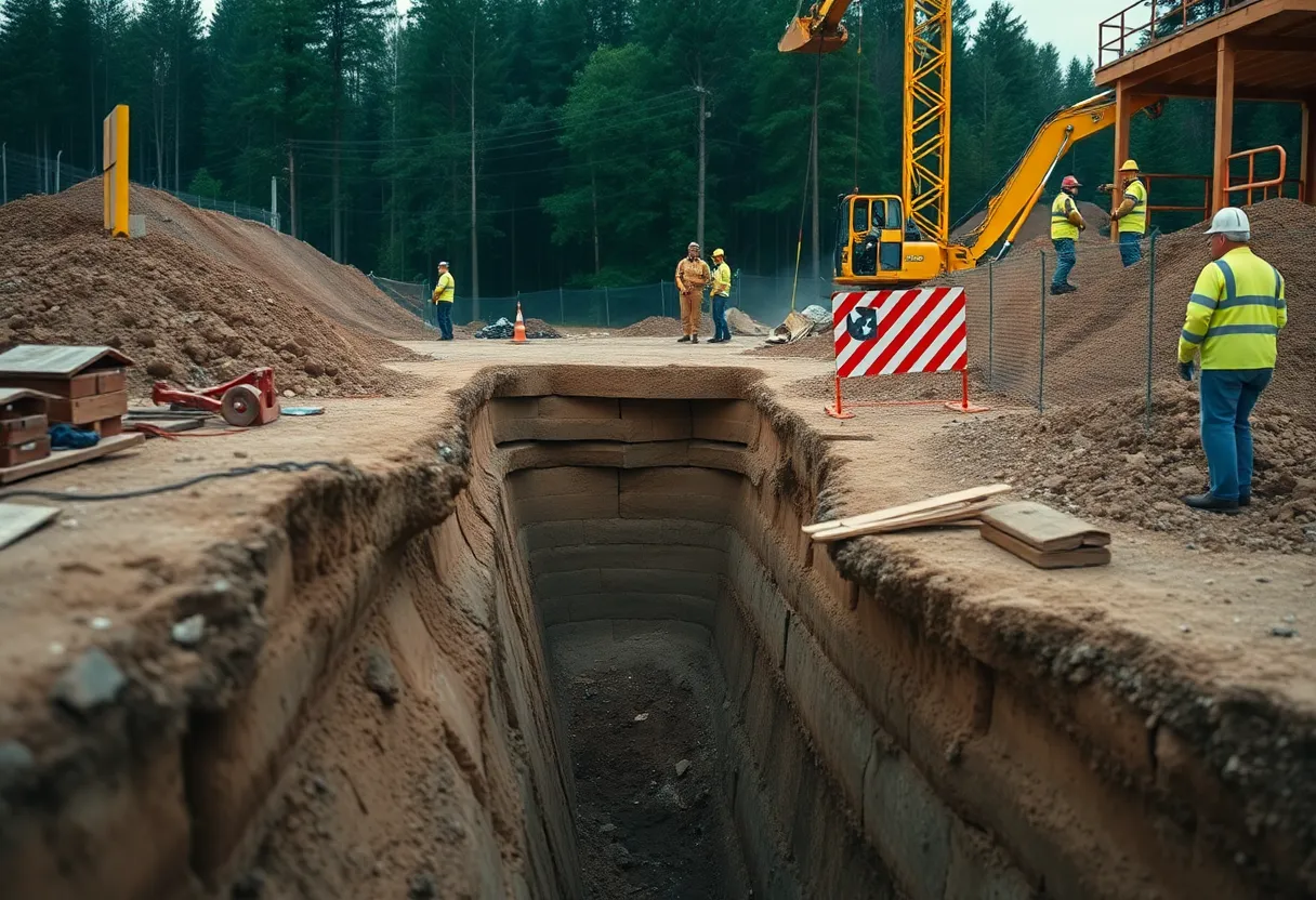 Emergency responders at a trench collapse construction site