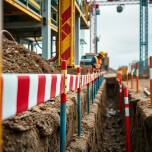 Safety measures at construction site, emphasizing trench safety.