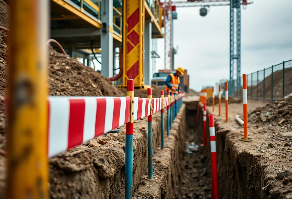 Safety measures at construction site, emphasizing trench safety.