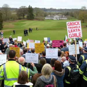 Large police operation at a golf course during protests in Scotland