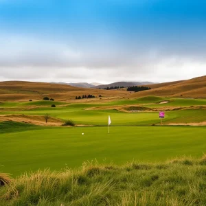 Golf course in Scotland with protests in the background