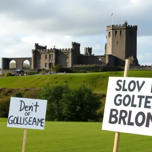 A golf course in Scotland amid a backdrop of protests.